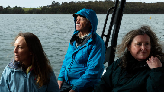 Fiona McCuaig, Bill Barker and Lynne Griffiths, on the inlet at Narooma, where changes have been made to the marine sanctuaries, opening them up to recreational fishing, without consultation, in NSW. 16th October 2020 Photo: Janie Barrett
