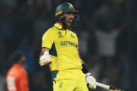 DELHI, INDIA - OCTOBER 25: Glenn Maxwell of Australia celebrates their century during the ICC Men’s Cricket World Cup India 2023 between Australia and Netherlands at Arun Jaitley Stadium on October 25, 2023 in Delhi, India. (Photo by Robert Cianflone/Getty Images)
