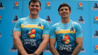 Beau Fermor and Jayden Campbell in the Gold Coast Titans’ 2024 jersey, which is sponsored by The Lottery Office