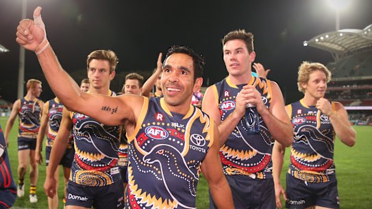 Thumbs up: Eddie Betts after beating the Crows, and kicking the goal of the year in 2016.