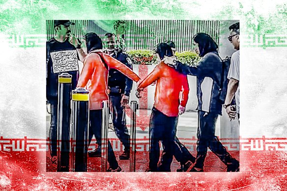 Iranian women’s national team players walk towards their bus on the Gold Coast.