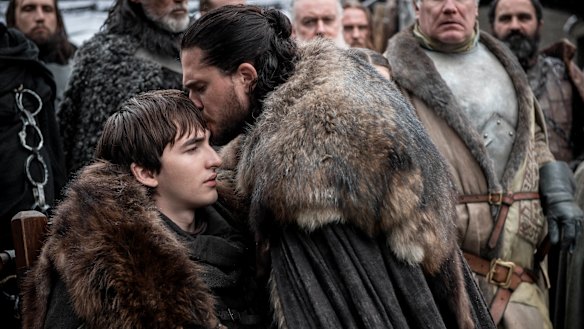 Isaac Hempstead Wright as Bran Stark and Kit Harington as Jon Snow in Game of Thrones. 