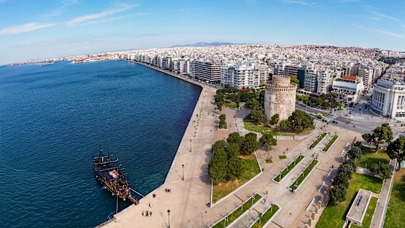 Thessaloniki and its White Tower and waterfront.