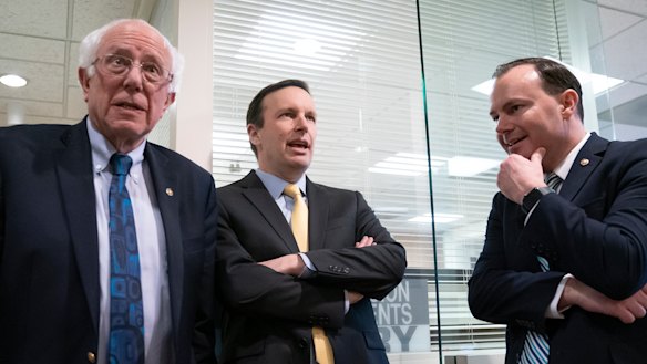 From left, Senators Bernie Sanders, Chris Murphy and Mike Lee after the Yemen vote.