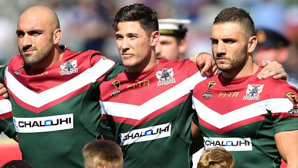 Tim Mannah, Mitchell Moses and Robbie Farah playing for Lebanon at the 2017 World Cup.