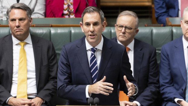 Jim Chalmers delivers the 2023-24 budget. It is expected to show a surplus around $15 billion, the second successive surplus.