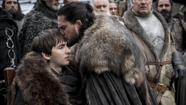 Isaac Hempstead Wright as Bran Stark and Kit Harington as Jon Snow in Game of Thrones. 