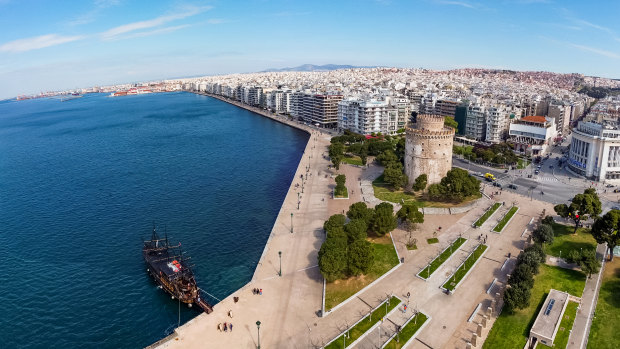 Thessaloniki and its White Tower and waterfront.