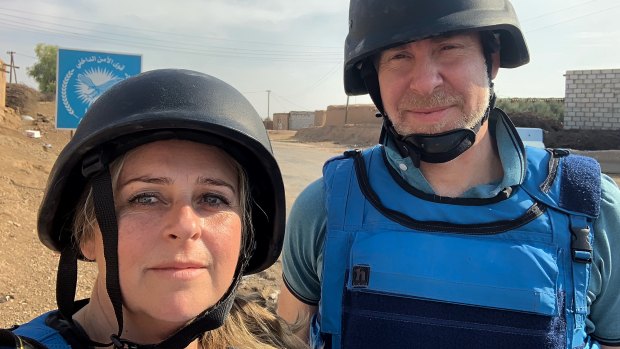 Photojournalist Kate Geraghty and investigations editor Michael Bachelard between Tel Tamr and Ras al-Ain in north-eastern Syria. 