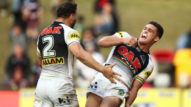 Back from the dead: Nathan Cleary celebrates the match-winning try against Manly on Saturday.