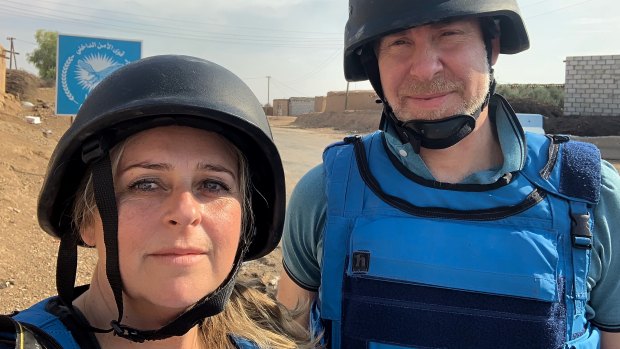 Photojournalist Kate Geraghty and investigations editor Michael Bachelard between Tel Tamr and Ras al-Ain in north-eastern Syria. 