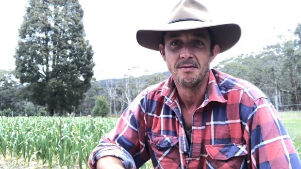 Playwright Angus Cerini on his garlic farm in Victoria's Strathbogie Ranges. 