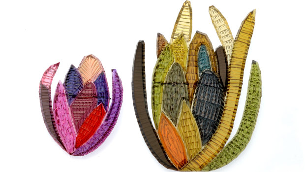 Kath Inglis, Protea Brooches, hand cut PVC, stainless steel brooch fitting, from In Light Of.

