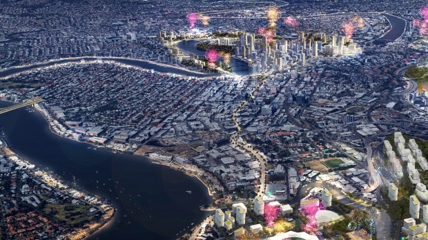 An artist’s impression for urban planners Urbis, showing a bridge from Teneriffe to Bulimba/Hawthorne (at left).