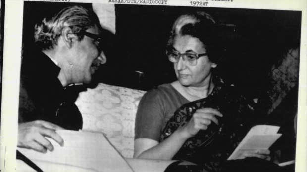 The Prime Minister of Bangladesh Sheikh Mujibur Rahman and Indian Prime Minister  Indira Gandhi discuss plans for economic cooperation between the two countries, in March, 1972.