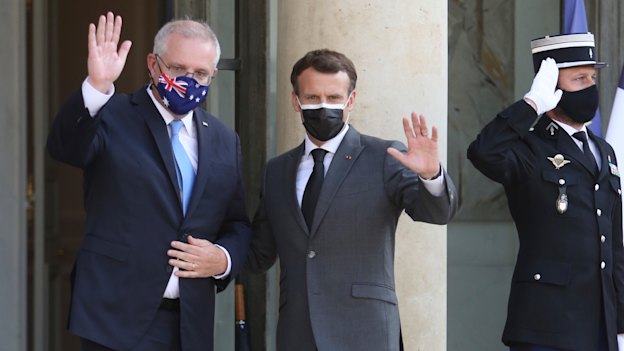 Keeping the French option alive: Prime Minister Scott Morrison with French President Emmanuel Macron before their June 2021 meeting at the Elysee Palace in Paris.