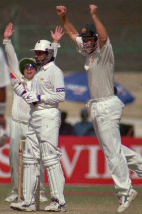Mark Taylor and Justin Langer appeal for the dismissal of Pakistan’s Salim Malik in the third Test in 1998.