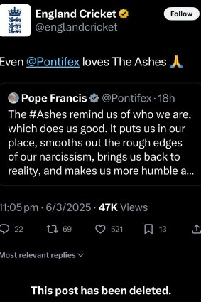 The England Cricket post that was later deleted.