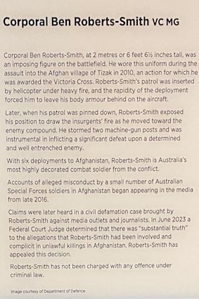 The text panel next to Roberts-Smith’s uniform as displayed this month.