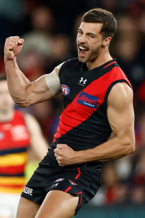 Kyle Langford kicked three goals in Essendon’s win over Adelaide.