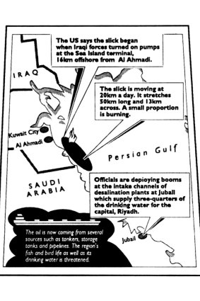  Map of oil spill in Persian Gulf from The Sydney Morning Herald on January 28, 1991.