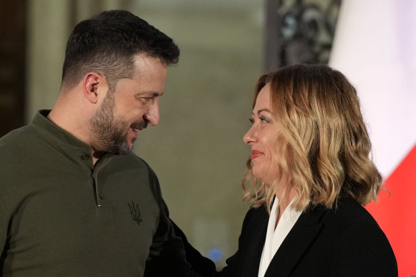 Italian Premier Giorgia Meloni (right) with Ukrainian President Volodymyr Zelensky during a press conference in Rome.