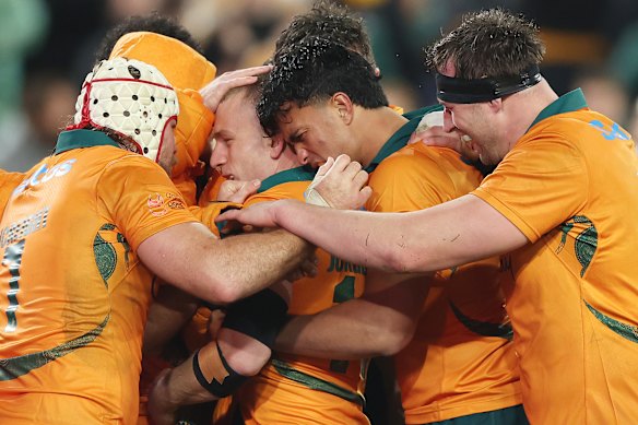 Max Jorgensen celebrates after scoring a try during the third test between the Wallabies and British & Irish Lions on August 2.