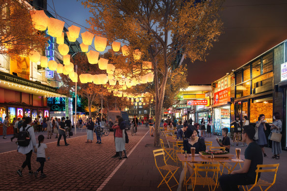 The plans suggest Campbell Street in Haymarket, near the Capitol Theatre, get expanded outdoor dining areas and decorative lighting to highlight its status as the city’s Thai Town. 