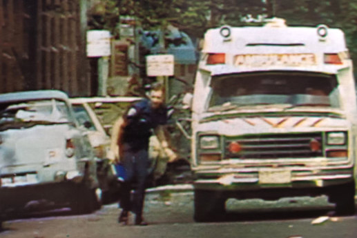 An ambulance at the scene of the Russell Street bombing in Melbourne in 1986.