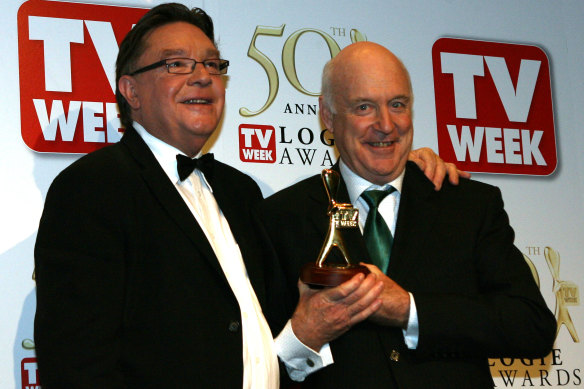 Bryan Dawe, left, with former comedy partner John Clarke, were inducted to the Logie Awards Hall of Fame in 2008.