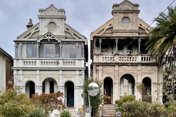 Euroka and Merilbah are a matching pair of Victorian free classical homes, narrow like terrace houses, but not actually joined. The homes were built by William Fowler, who owned a number of homes in Summer Hill.