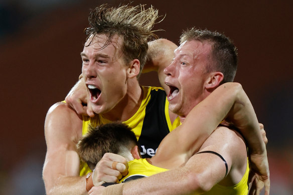 Tom Lynch celebrates Richmond's win over Port Adelaide. 