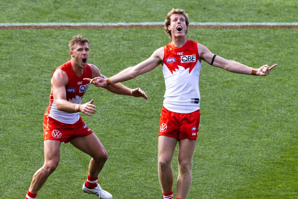 Nick Blakey celebrates after kicking a goal against the Crows.