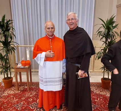 Robert Prevost, now Pope Leo XIV, with Australian Augustinian priest Father Tony Banks at the Vatican in September 2023.
