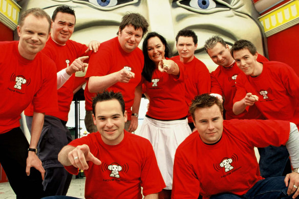 Nova Melbourne’s debut line-up in 2001. Left to right at back: Andy Ross, Josh Kirby, Dave O’Neil, Kate Langbroek, Dave Hughes, Brendan Dangar and Tim Blackwell. Front: Corey Layton and Justin Wilcomes.