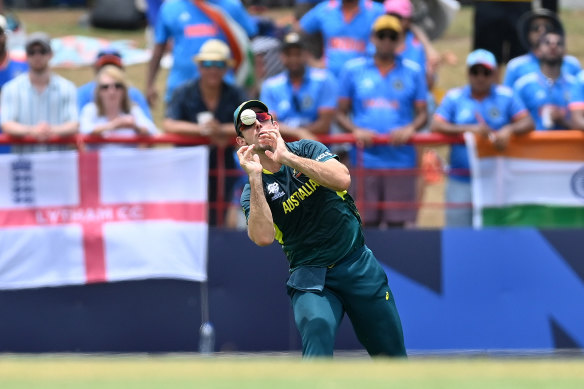 Mitchell Marsh drops a catch off India’s Hardik Pandya during their T20 World Cup match in St Lucia.