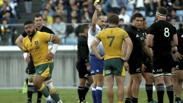 'Pretty dumb thing': Tolu Latu is sent from the field in the Wallabies' loss to the All Blacks in Yokohama.