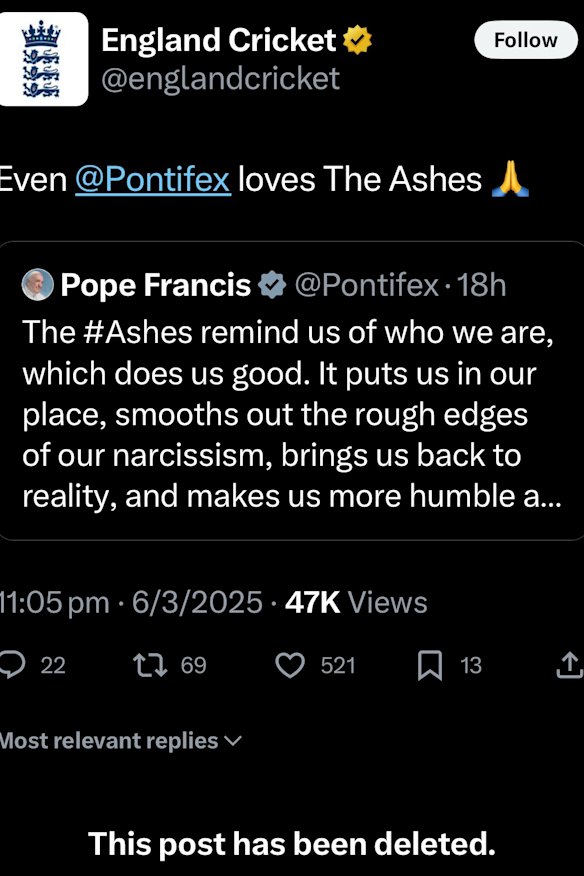 The England Cricket post that was later deleted.