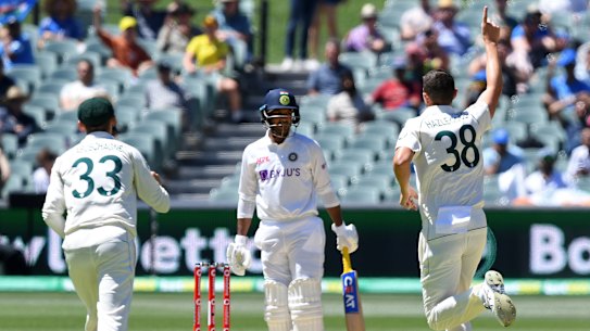 Another wicket: Josh Hazlewood celebrates a wicket.