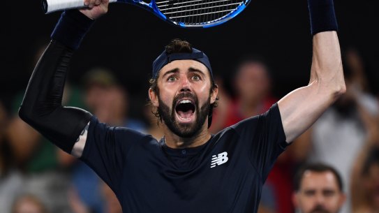 Jordan Thompson celebrates his quarter-final win against Rafael Nadal in Brisbane last year.