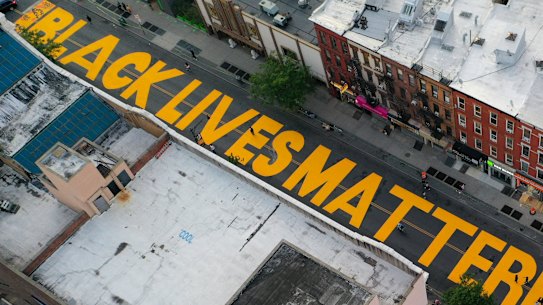 A Black Lives Matter sign on a street in Brooklyn, New York.