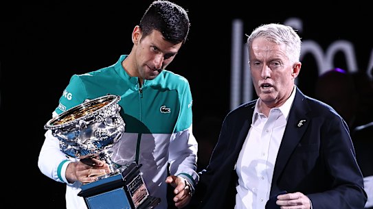 Novak Djokovic with Tennis Australia boss Craig Tiley at the Norman Brookes Challenge Cup in February.
