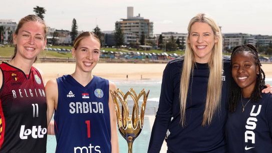 Emma Meesseman (Belgium(, Ivana Raca (Serbia), Lauren Jackson (Australia) Ariel Atkins (USA) at the World Cup launch.