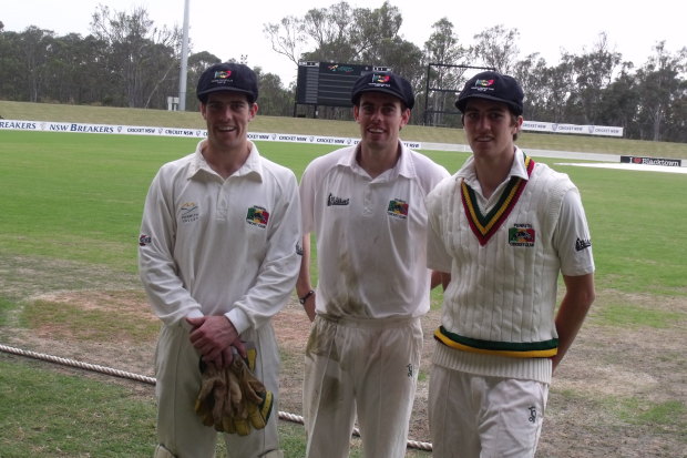 Pat (at right) with his brothers Matt and Tim in 2010.