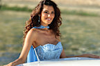 Arriving anywhere via canal boat is always going to add a touch of glamour. Romanian model Loredana Salanță was a vision in this pale blue embellished gown, complete with a cape, on September 8.
