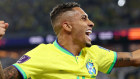 Raphinha of Brazil celebrates the team’s first goal scored by Vinicius Junior against South Korea.