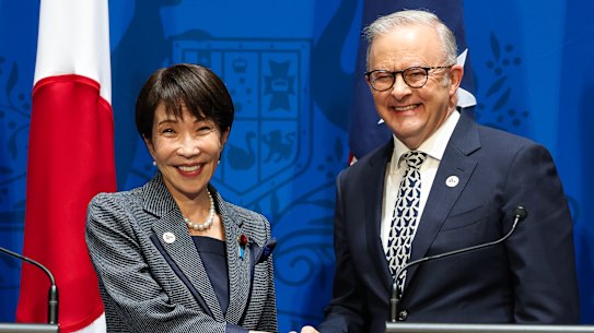 Japanese PM Sanae Takaichi and Anthony Albanese in May.