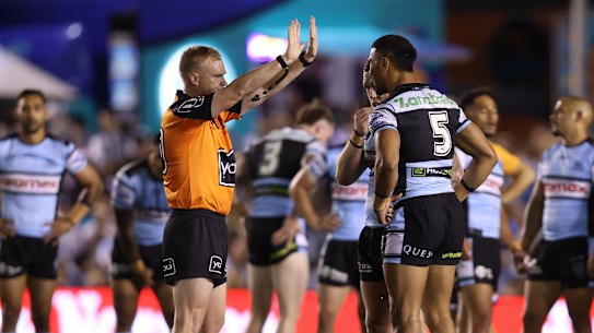 Cronulla winger Ronaldo Mulitalo is sent to the bin.