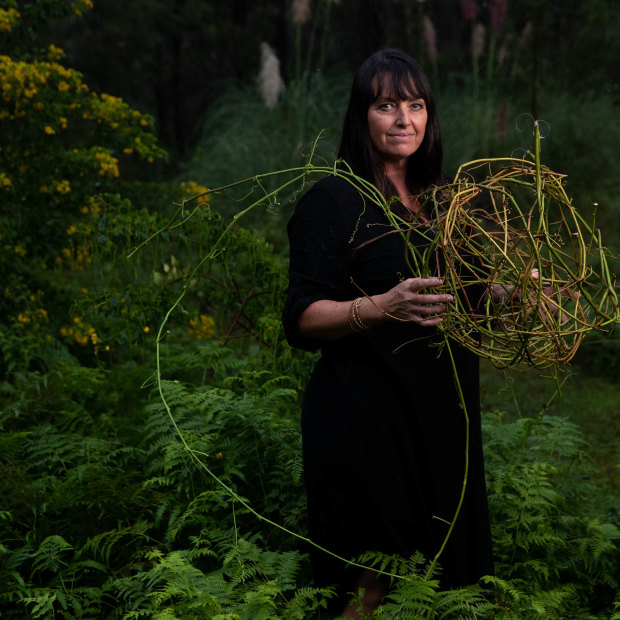 Sydney fibre artist Catriona Pollard in the bush surrounding her studio. She says weaving is “about letting the material speak”. 