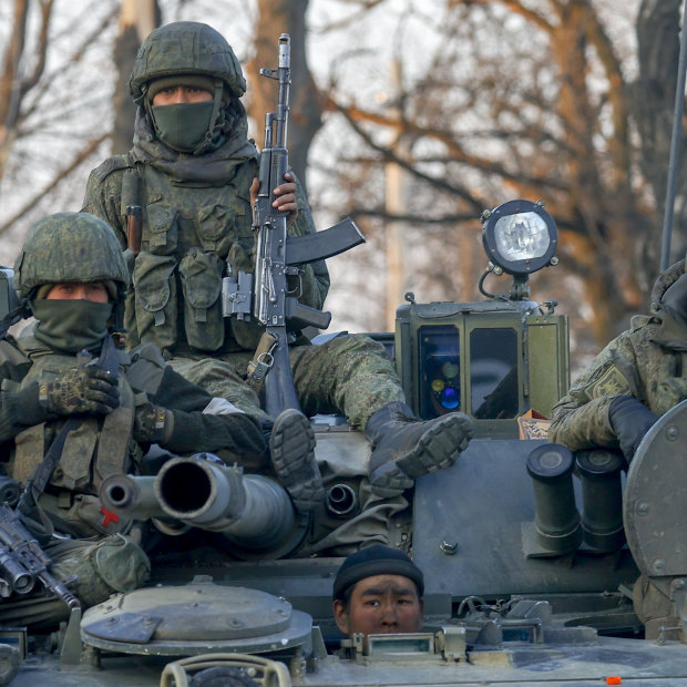 Russian soldiers in a separatist-controlled area of eastern Ukraine in March.